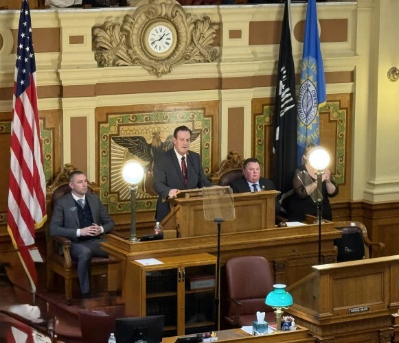 Governor Rhoden speaking to the South Dakota legislature in Pierre.