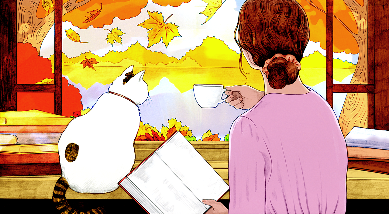illustration of woman reading by the window with her cat