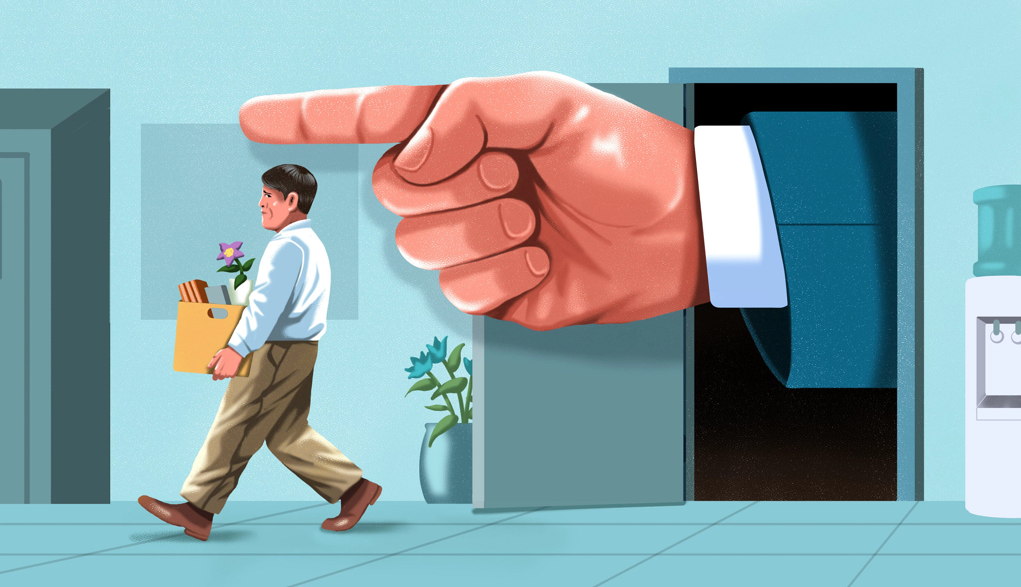 a man carrying a box of belongings walks away from a giant hand pointing to the door