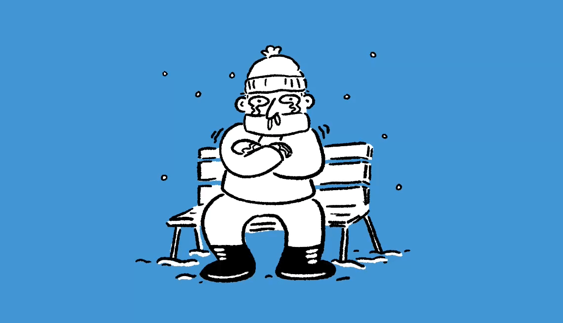 Winter Dryness person shivering on a snowy bench