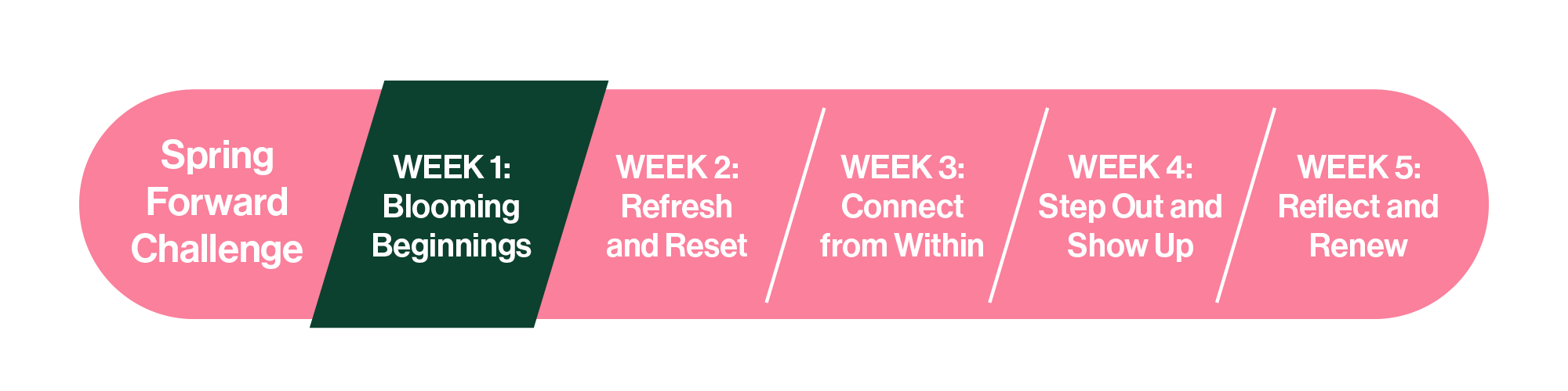 Progress bar for The Ethel Spring Forward Challenge. Week 1 Blooming Beginnings. Week 2 Refresh and Reset, Week 3 Connect From Within, Week 4 Step Out and Show Up, and Week 5 Reflect and Renew are also shown on the progress bar