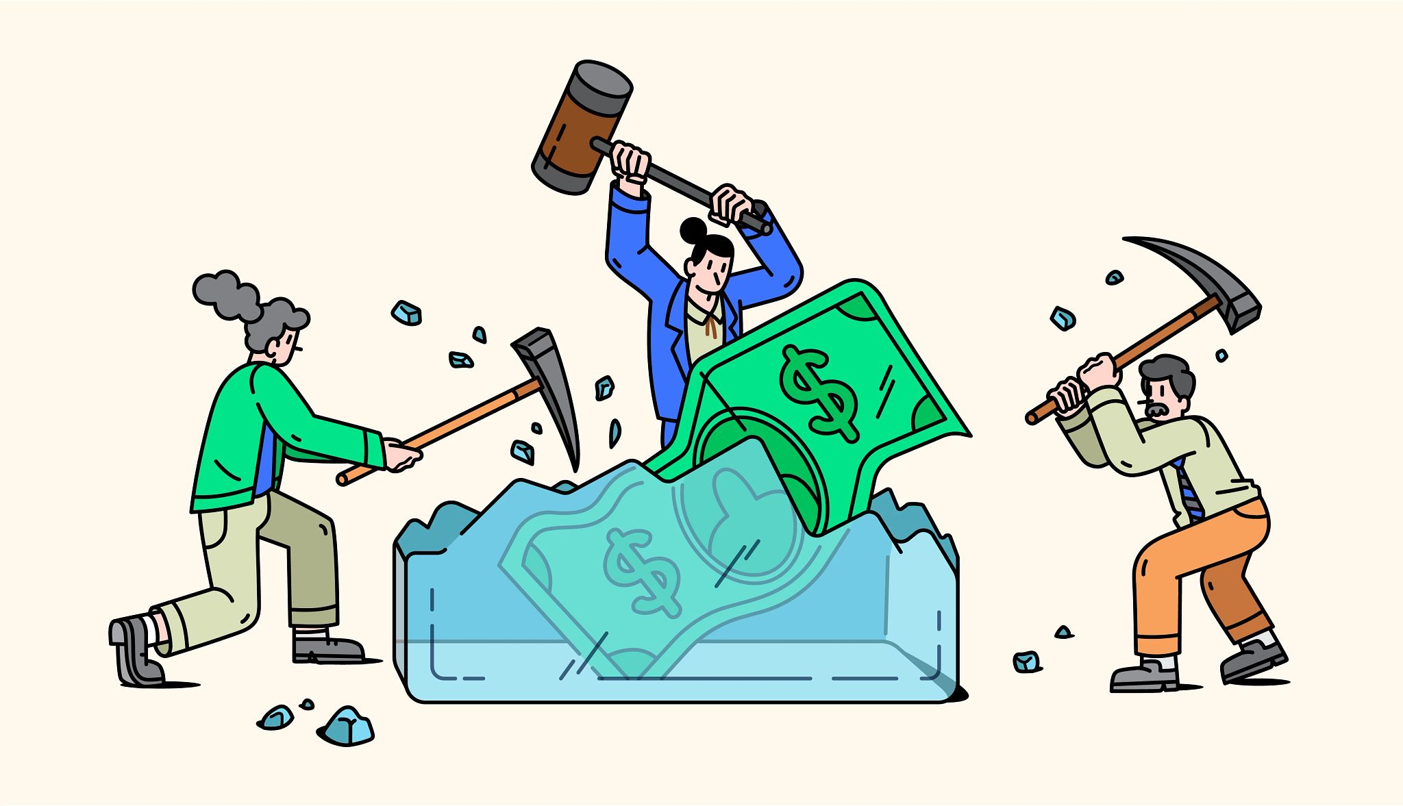 Retire These Retirement 'Rules' people trying to get money out of an ice block