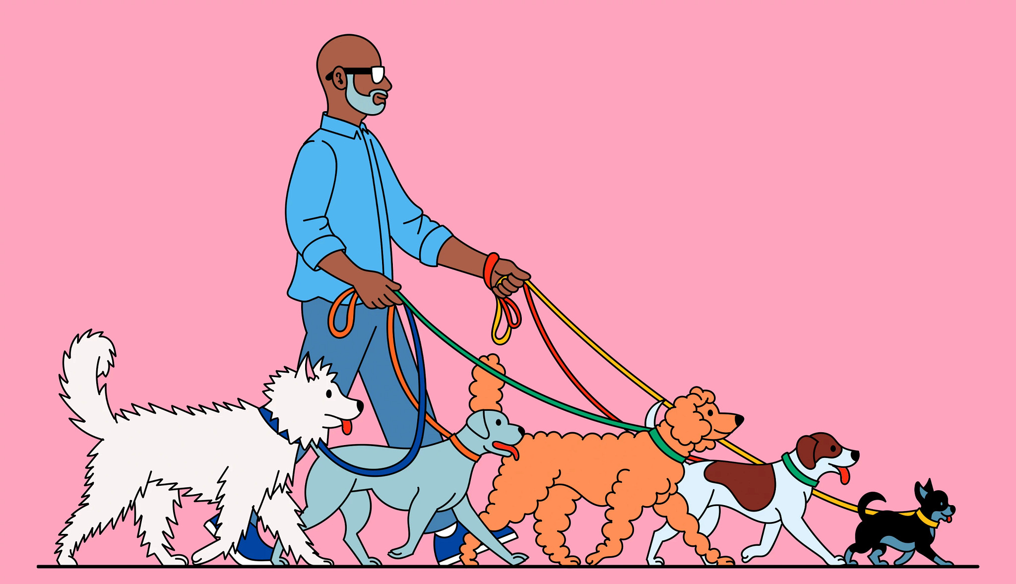 un hombre paseando perros