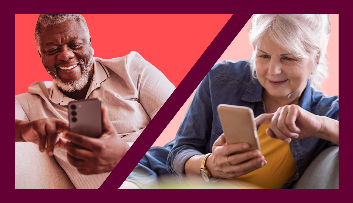 A man and woman smile while sitting down and scrolling on their cell phones