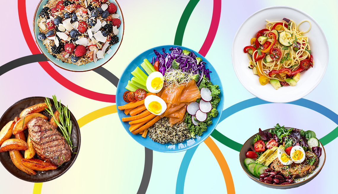 The Olympic Diet a collage of nutritious dishes on a background with Olympic rings