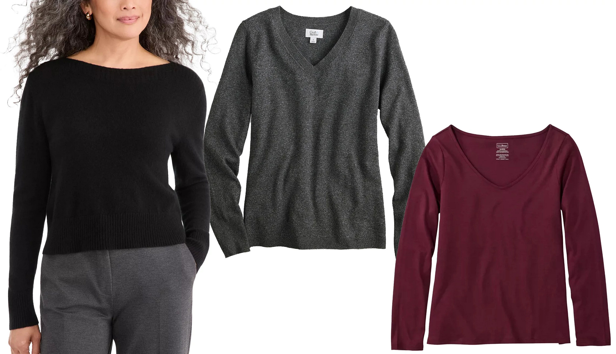 a collage with various styles of boatneck and v neck knit tops