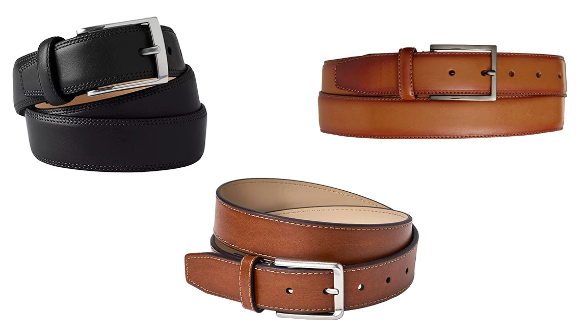 Lands’ End Men’s Glove Leather Belt; Nordstrom’s Marco Burnished Leather Belt; Goodfellow & Co’s Men’s Tonal Stitched Edge Dress Belt