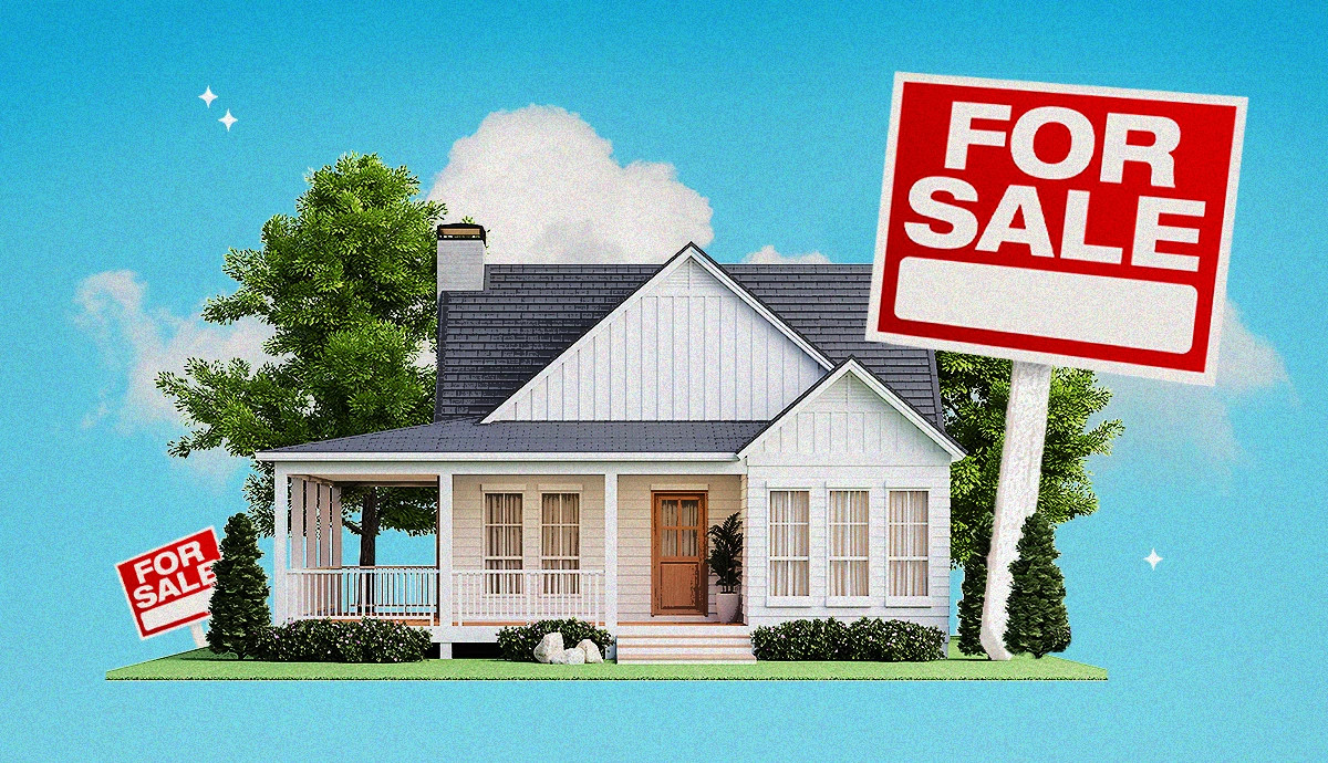 A photo and graphic illustration shows an A-framed home on a blue background with a giant for sale sign out front