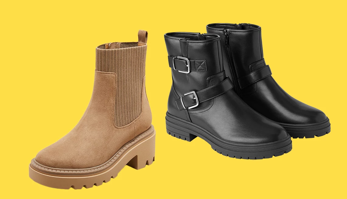 Women’s Kyrie Chunky Heel Ankle Sock Boot in Tan; Gap Vegan Leather Moto Boots in True Black