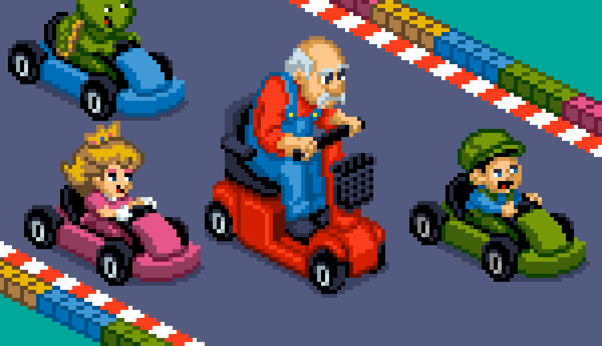 a gif of a man in a Mario Kart racecar during a race with characters from the game