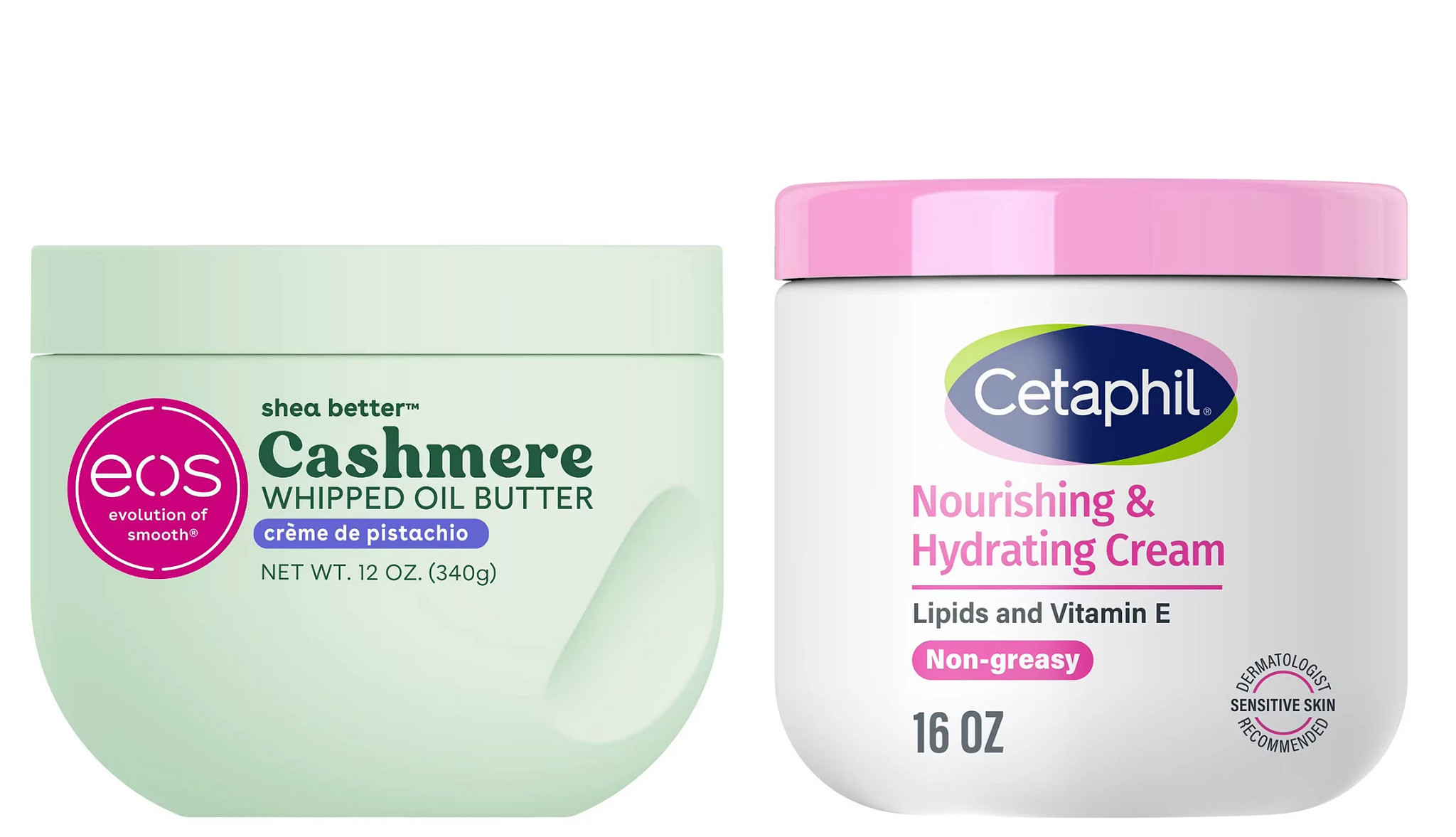 Different types and brands of body moisturizers and lotions.