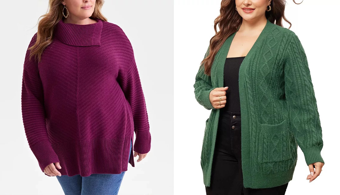 a collage with plus size models wearing two different styles of sweaters