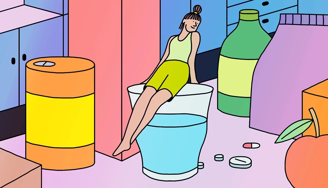 health illustration person sitting on an oversize glass of water with oversize medications on the floor beneath her and oversize bottles and fruit around her