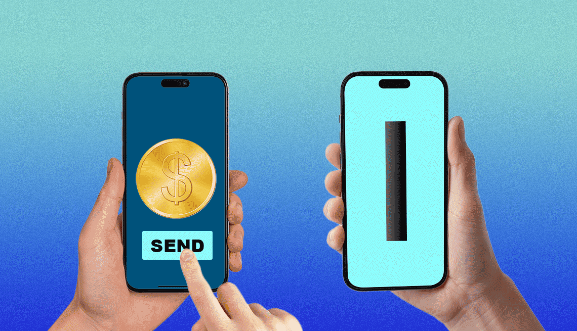 Tech Guru Digital Money two hands holding up phones side-by-side with a coin being sent
