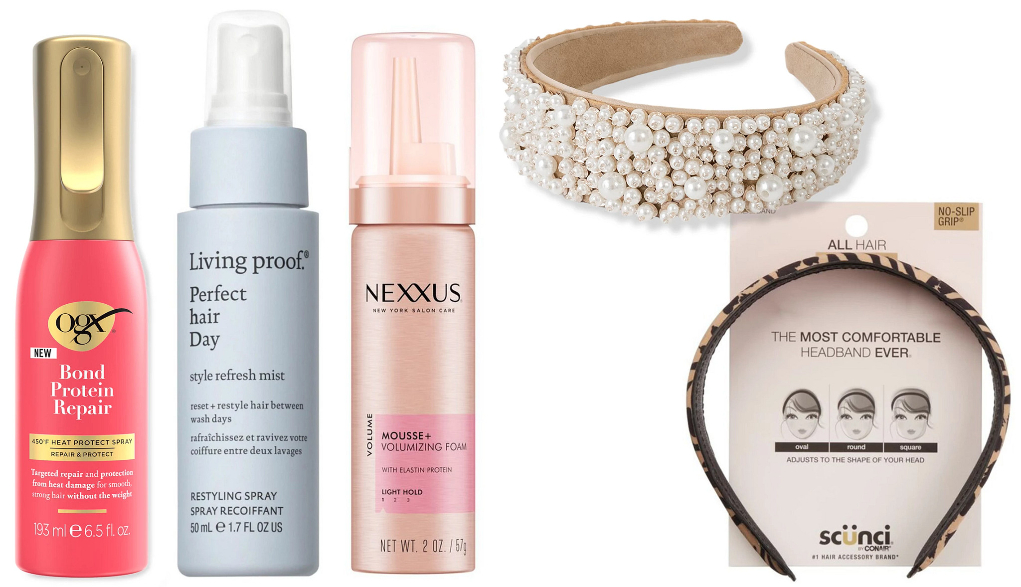 three different hair products for taming frizz and two different stylish headbands