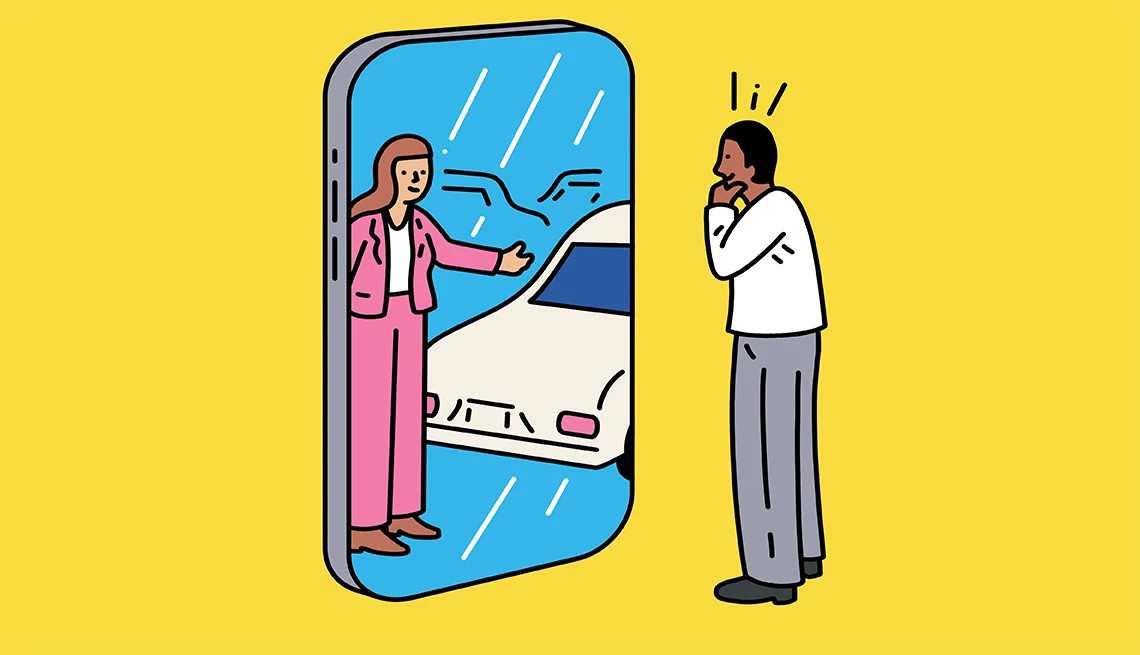 a person stands in front of a life size smartphone with a salesperson and new car on the screen