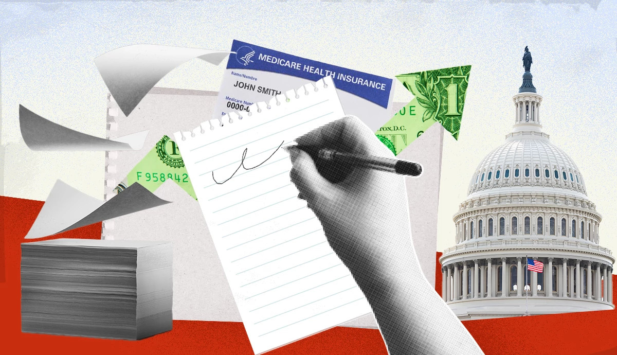 Illustration of a hand writing on a notepad in front of a Medicare health insurance card labeled “John Smith,” with floating paperwork, dollar bills, and a stack of documents nearby; the U.S. Capitol building appears in the background, suggesting government and healthcare policy.