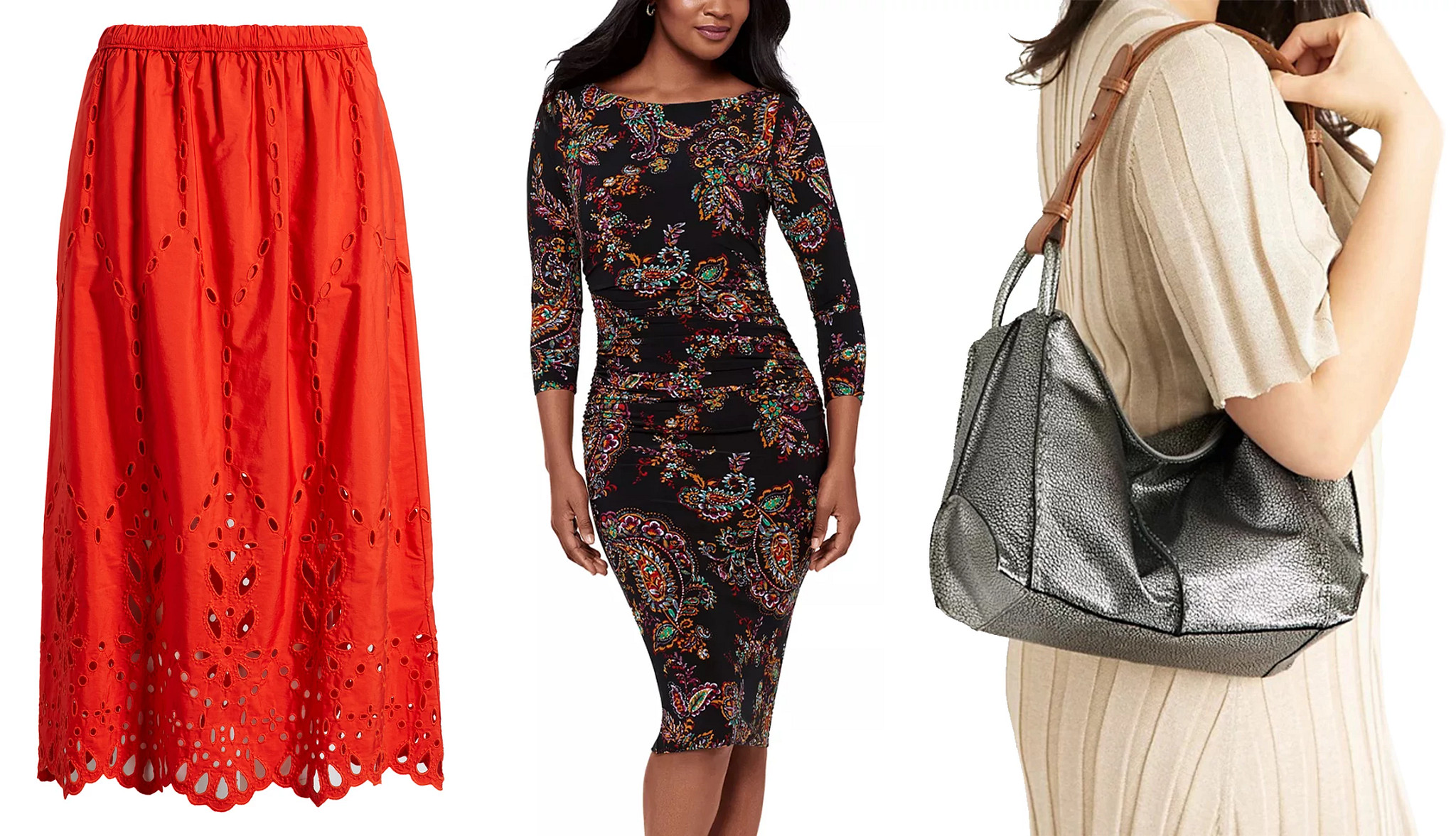 a collage with a red cotton crinkle skirt, a model wearing a fitted floral dress, and a model carring a silver tone leather shoulder bag