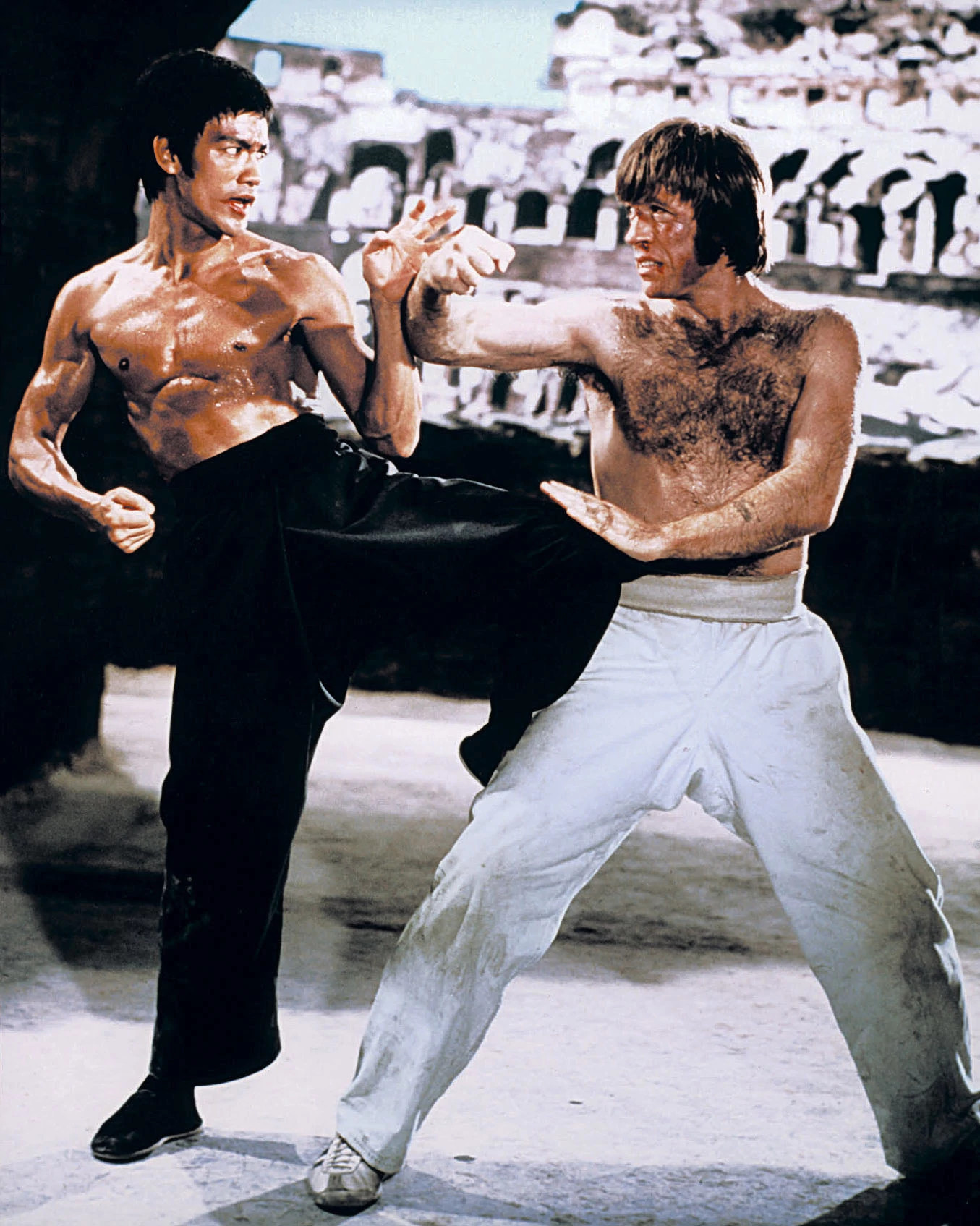 chuck norris and bruce lee in a scene from return of the dragon