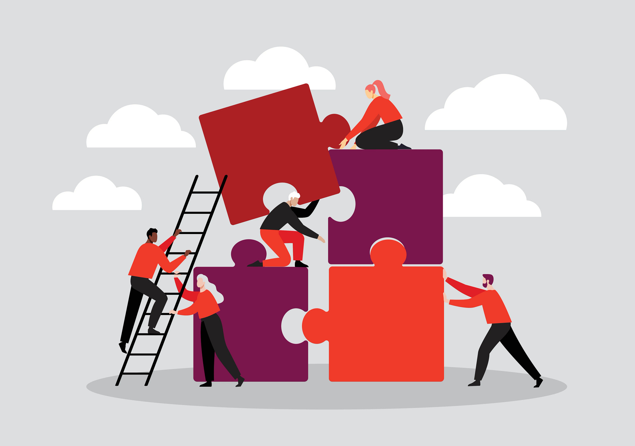 illustration of a group of mature adults working with eachother to put together a large jigsaw puzzle