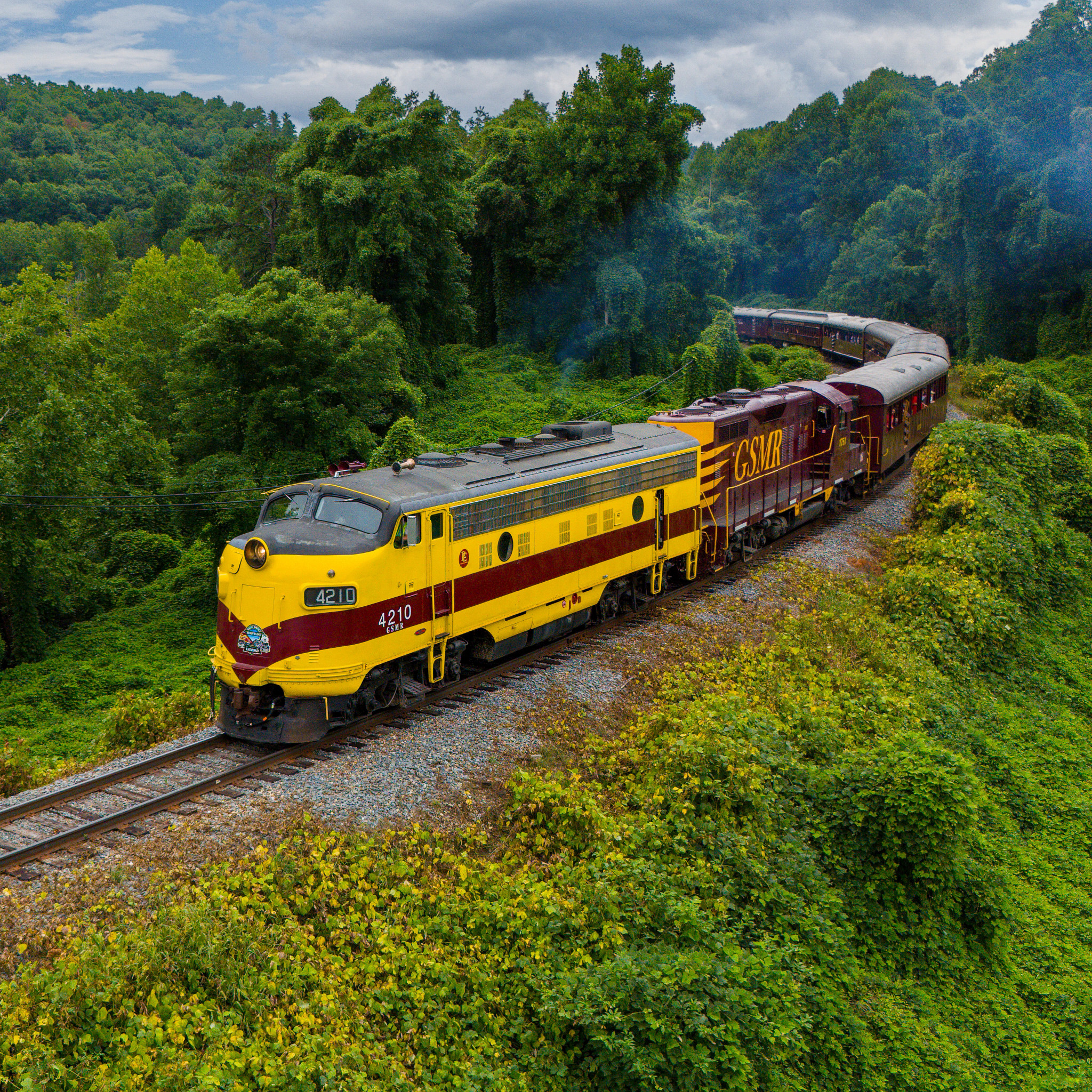 Vintage diesel freight train moving through a lush green forest on a curved railroad track