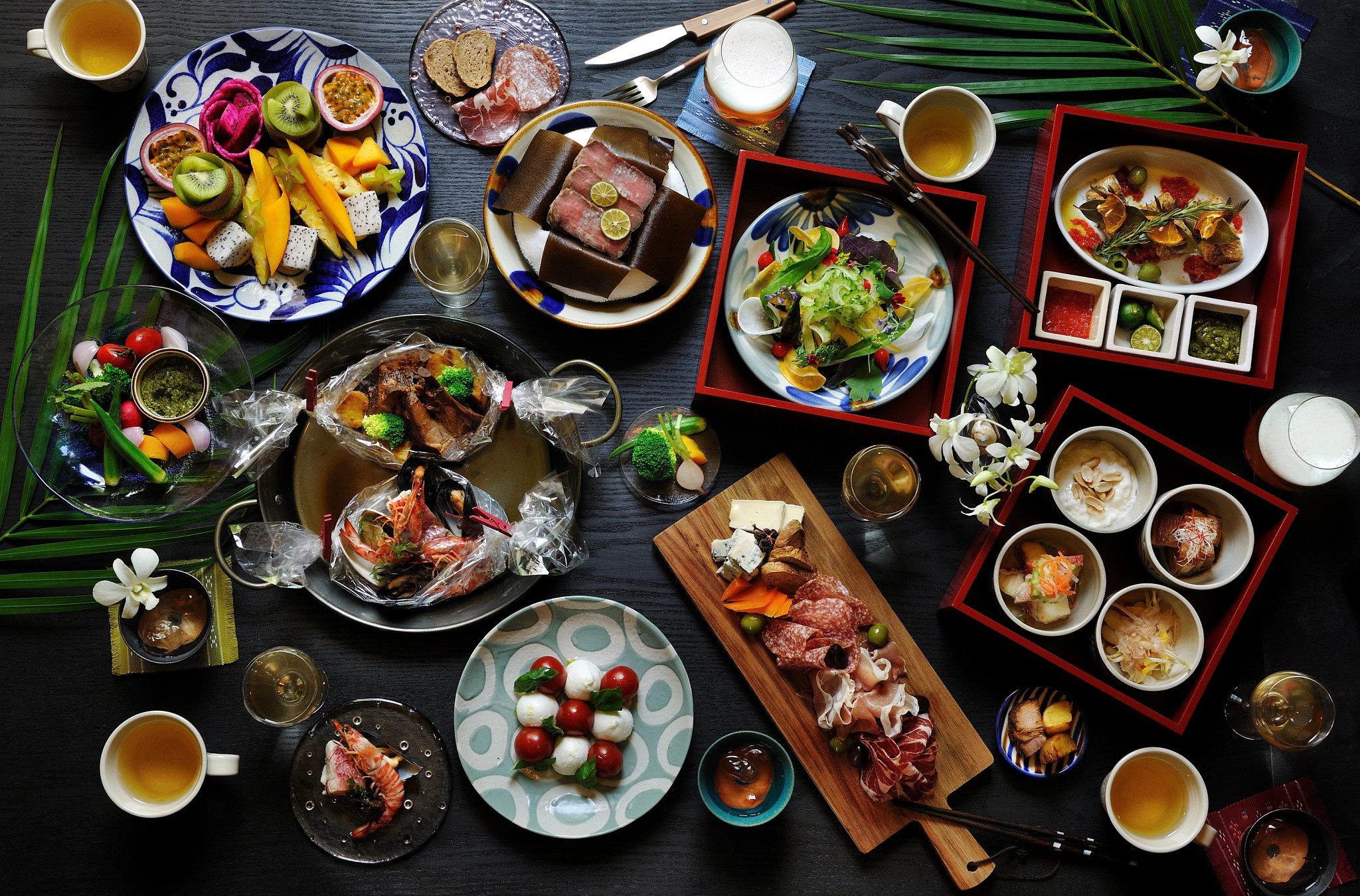 various food and drinks on a table