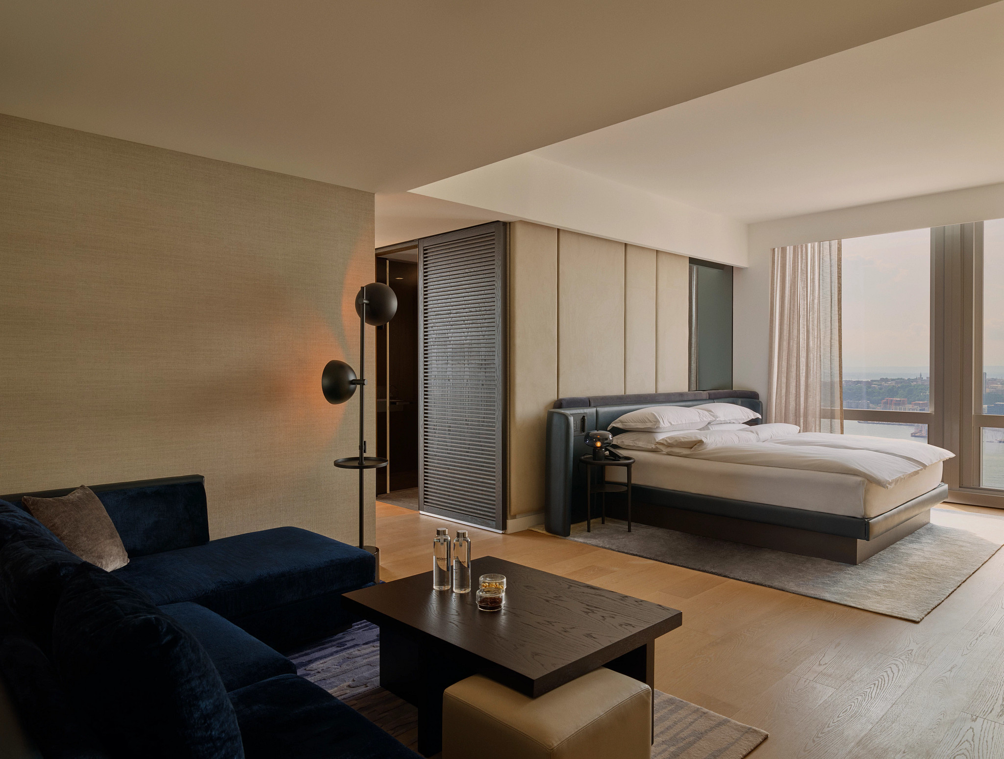 a hotel room looks out on new york city