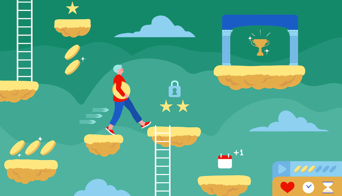 Woman taking steps upward to earn her Social Security eligibility woman holding a large gold coin taking steps in the sky up to a trophy prize