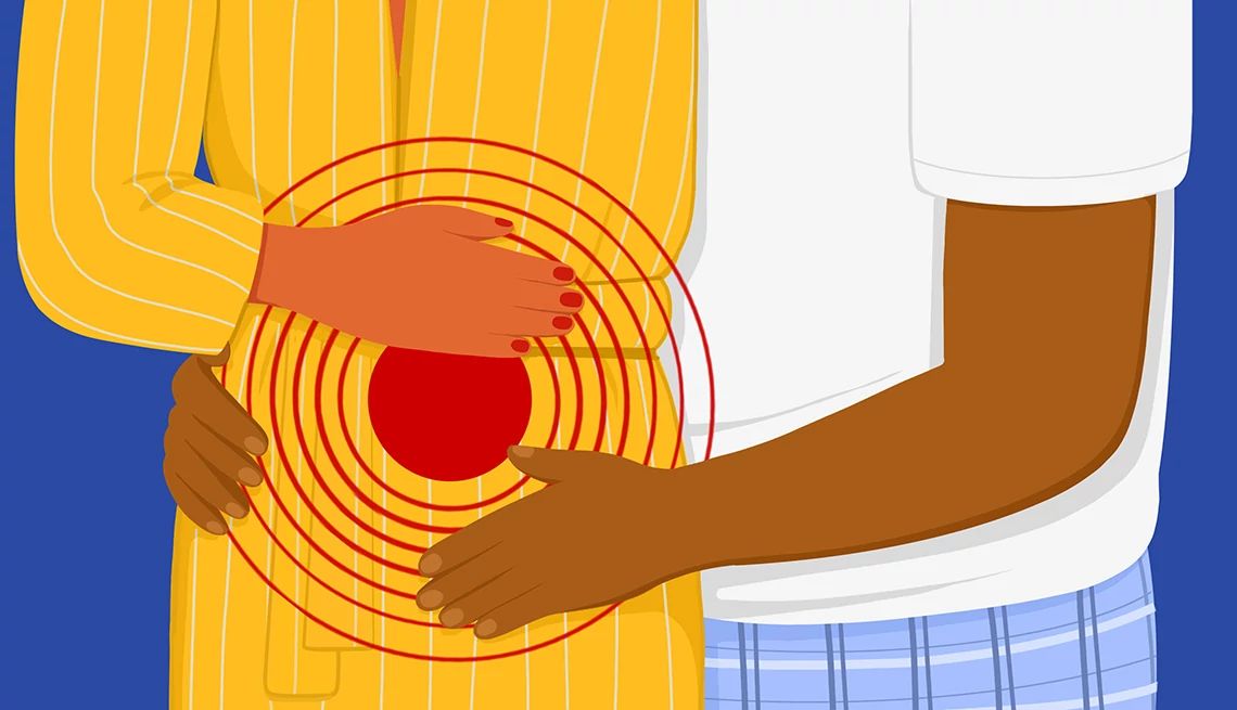 Painful Intimacy An illustration shows a woman holding her abdomen, which has a bullseye on it, while her partner comforts her.