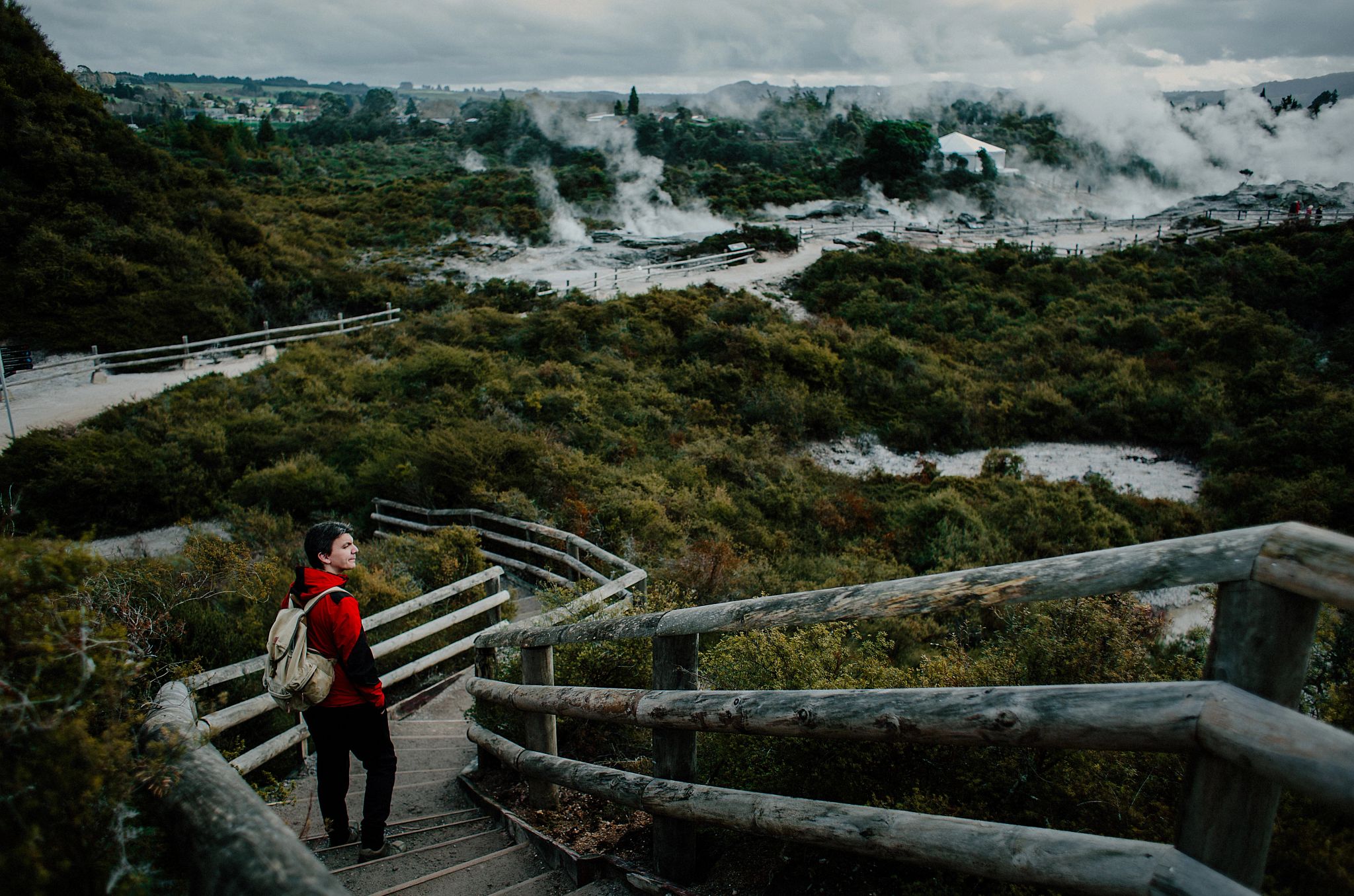 Rotorua New Zealand a person walks down a walkway in a wooded area near hot springs