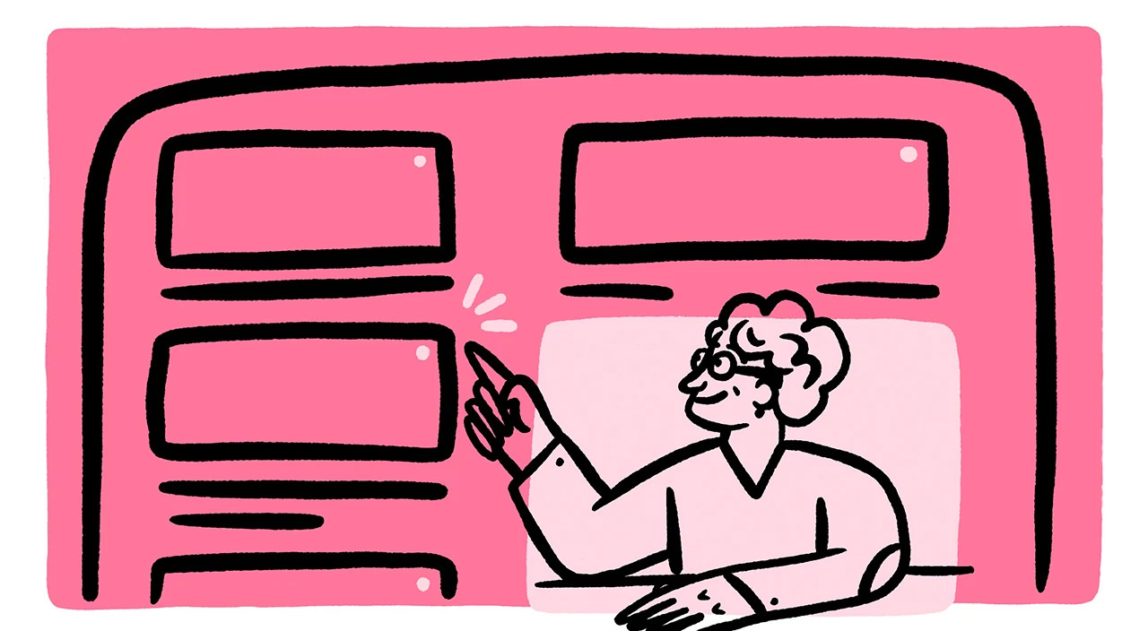 woman pointing to text boxes and lines indicating writing