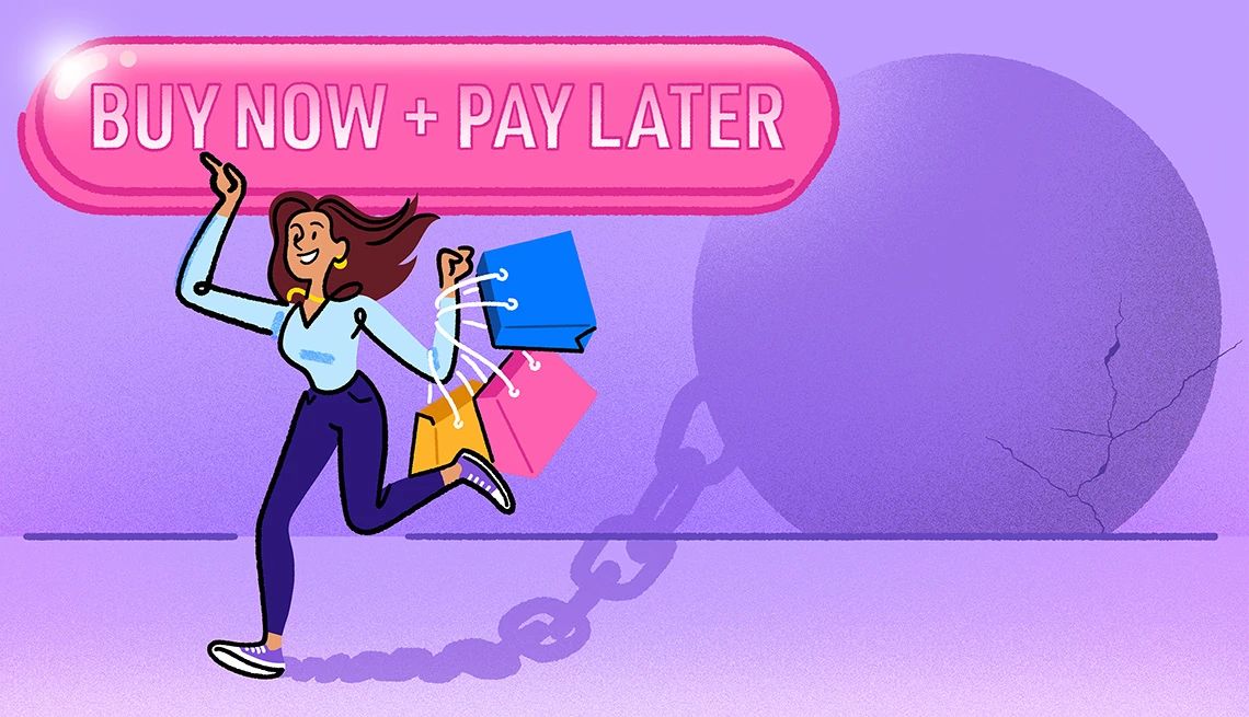 Buy now Pay later freedom illustration of woman holding shopping bags with text buy now pay later
