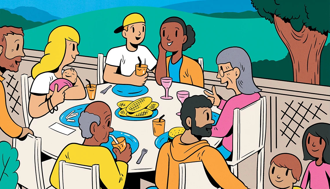 an illustration of people sitting at a table while eating and talking