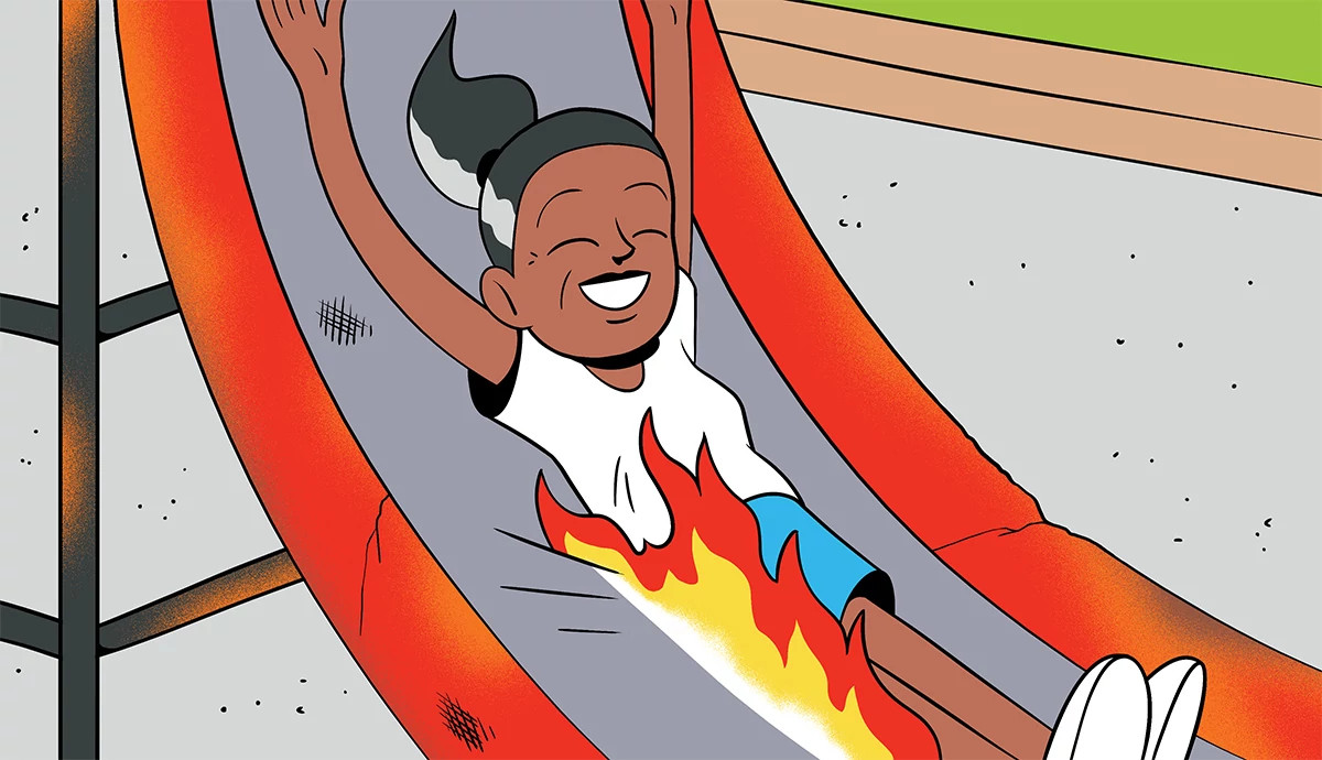 an illustration shows a teen riding down a playground slide, catching fire from the hot metal surface