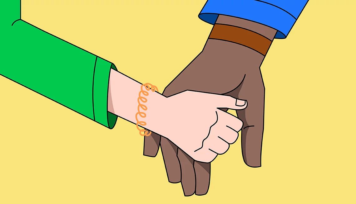 Bonding With a Stepchild An illustration shows an adult holding the hand of a child in front of a yellow background.