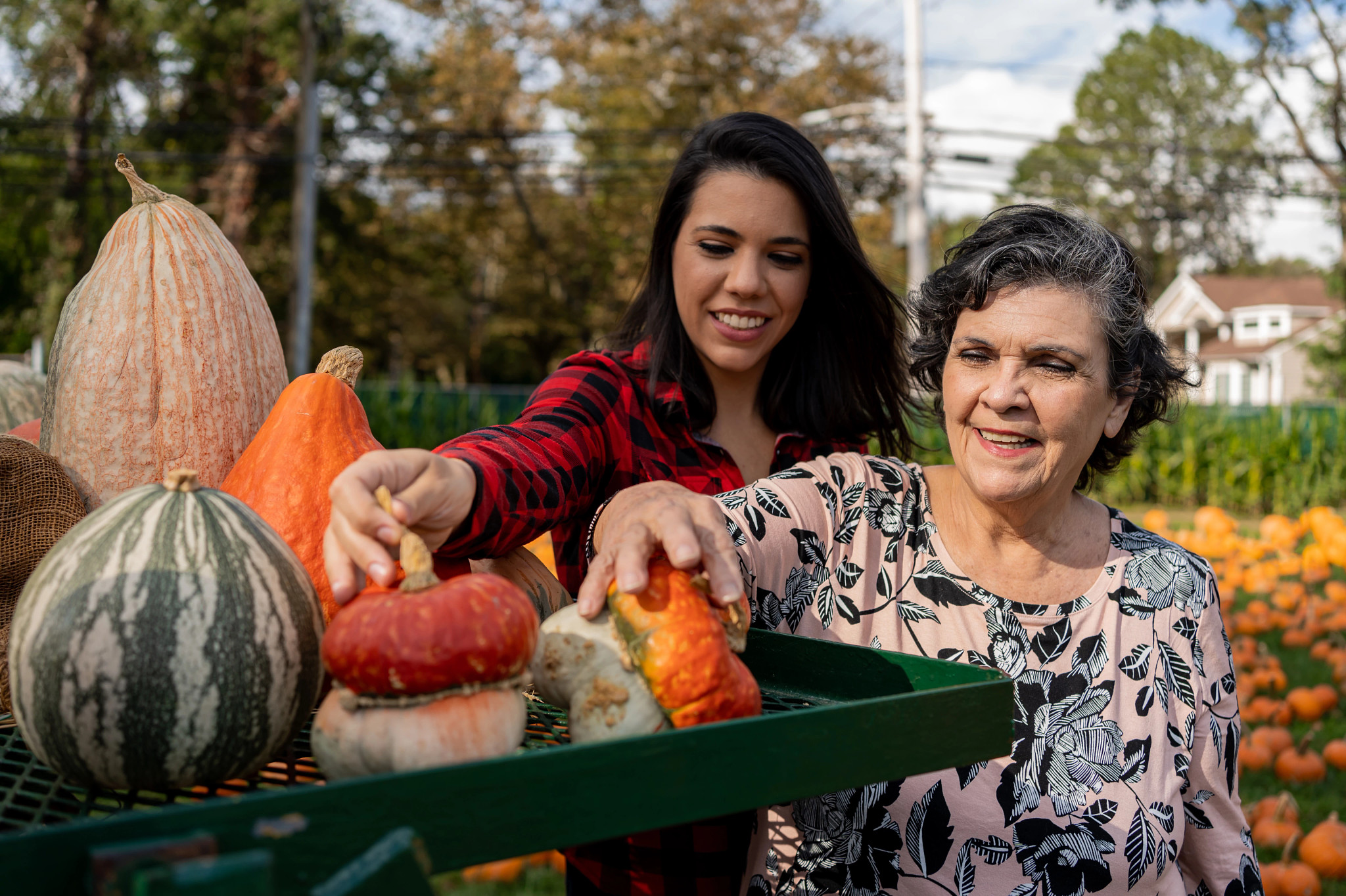 mother and daughter picking pumpkins together