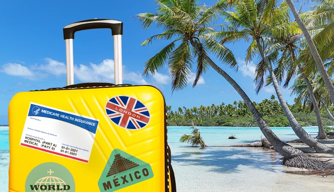Medicare While Outside the U.S. yellow suitcase with medicare card on a beach background