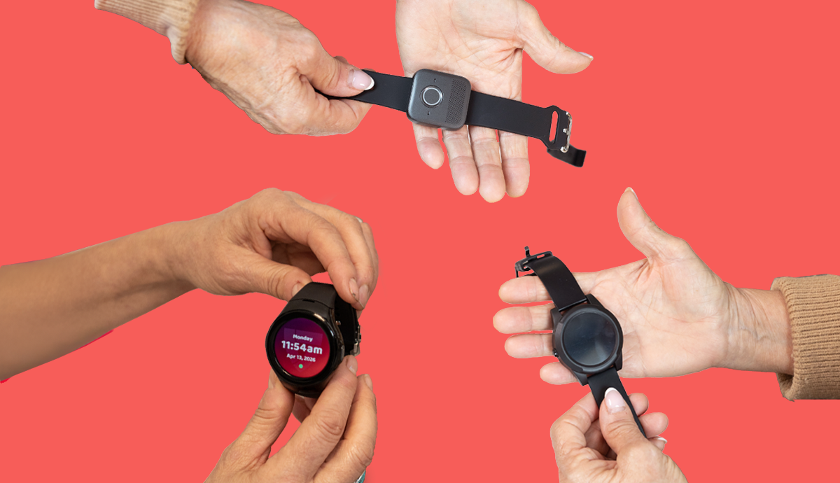Medical alert watch on a red background