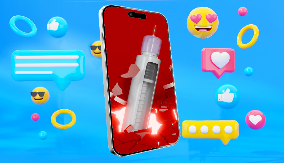3D illustration of a medical syringe breaking through the red screen of a smartphone, surrounded by floating social media icons like heart-eyes emojis, likes, and chat bubbles