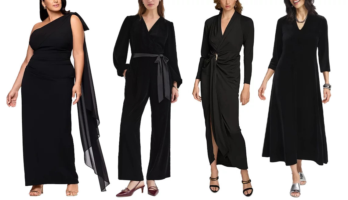 a collage with four models wearing chic black evening ensembles