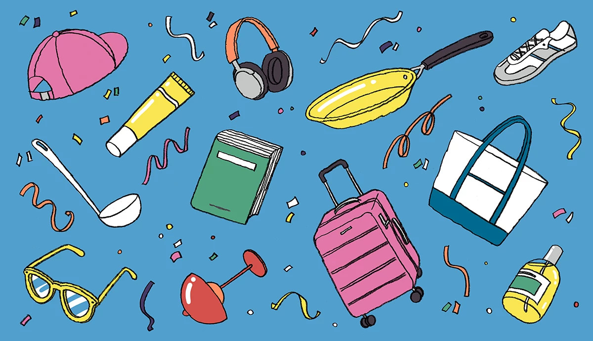 Illustration of various event giveaway items floating around on a blue background