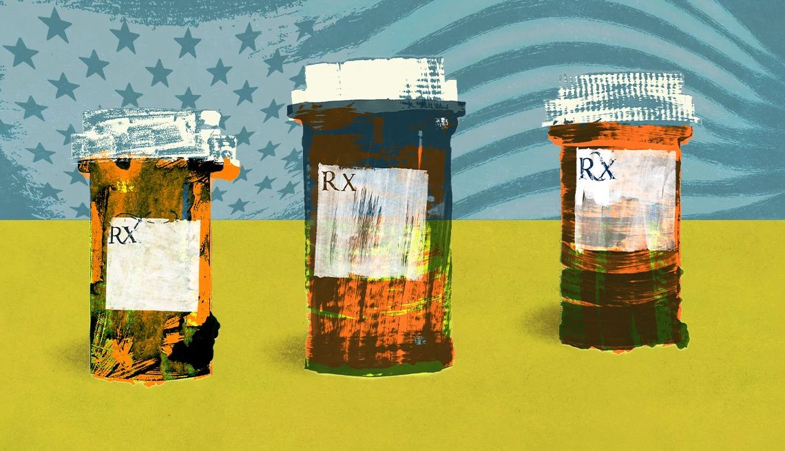 Cobertura dual VA y Medicare para veteranos Ilustración de frascos de medicamentos recetados
