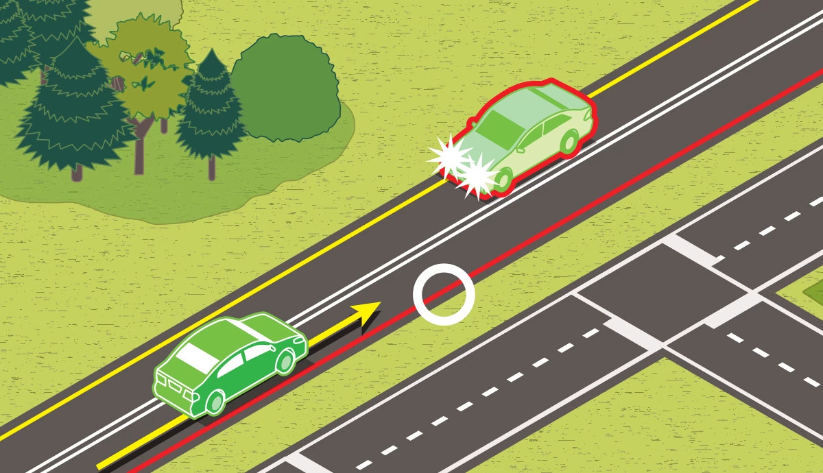 a graphic illustration with a three quarters view shows two cars approaching from different directions. One of the cars has super bright lights