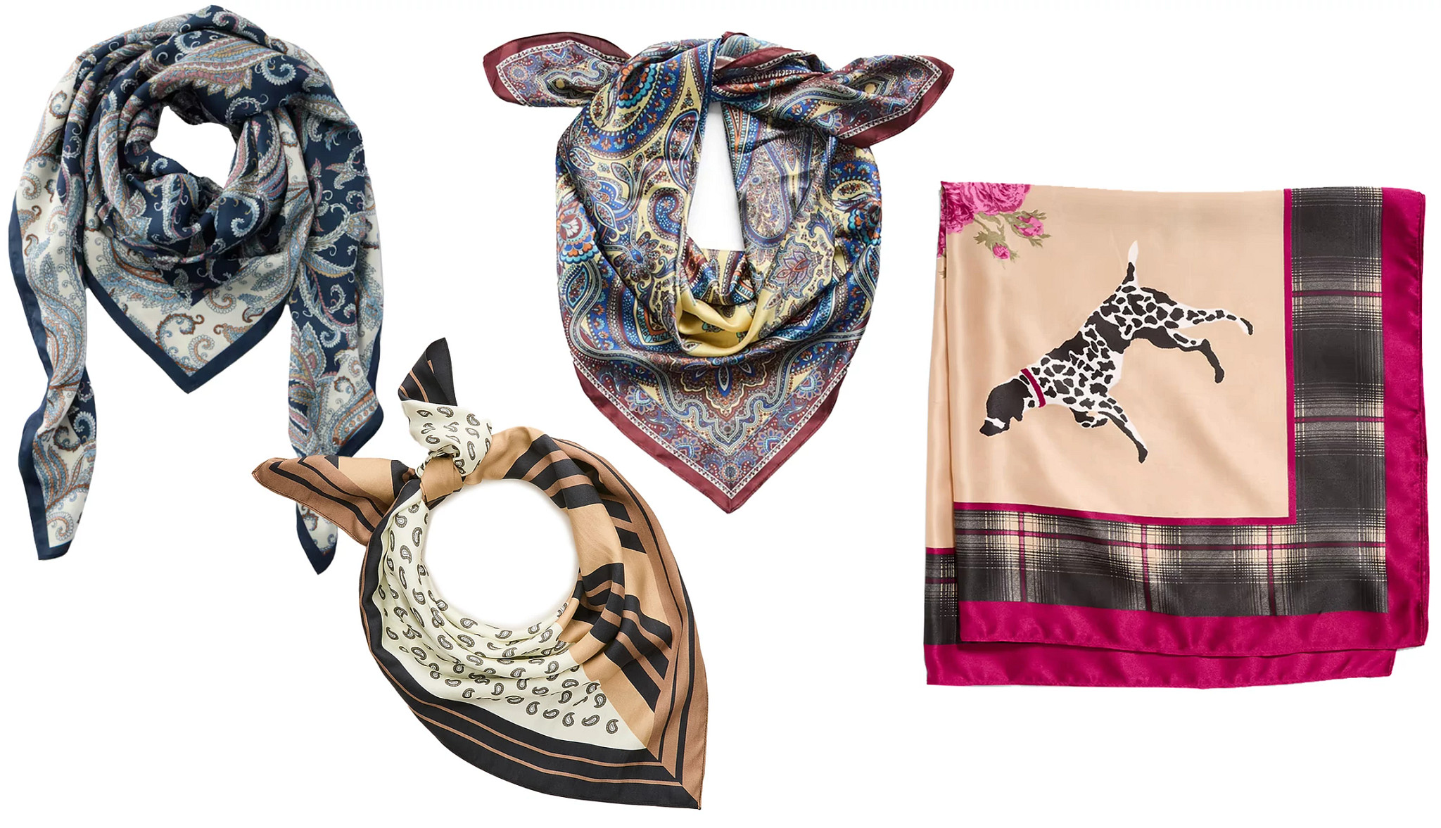 a collage with four different styles of colorful scarves