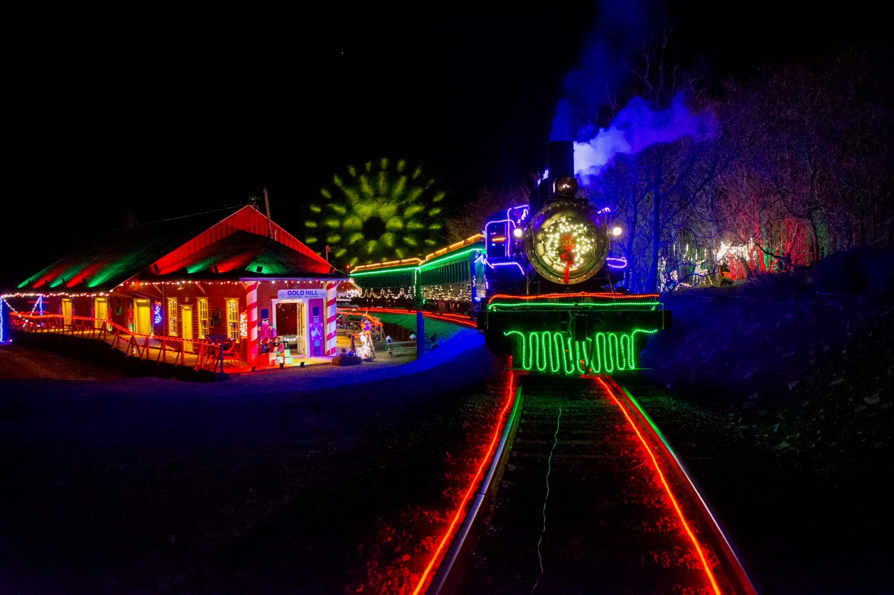 a train decorated in holiday lights