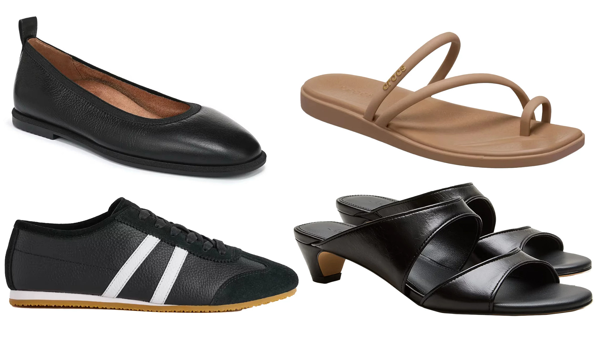 four different styles of womens warm weather shoes in a collage
