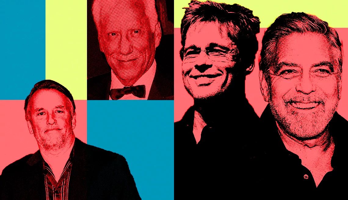 Richard Linklater, James Woods, Brad Pitt and George Clooney Richard Linklater, James Woods, Brad Pitt and George Clooney on a red, yellow and blue background