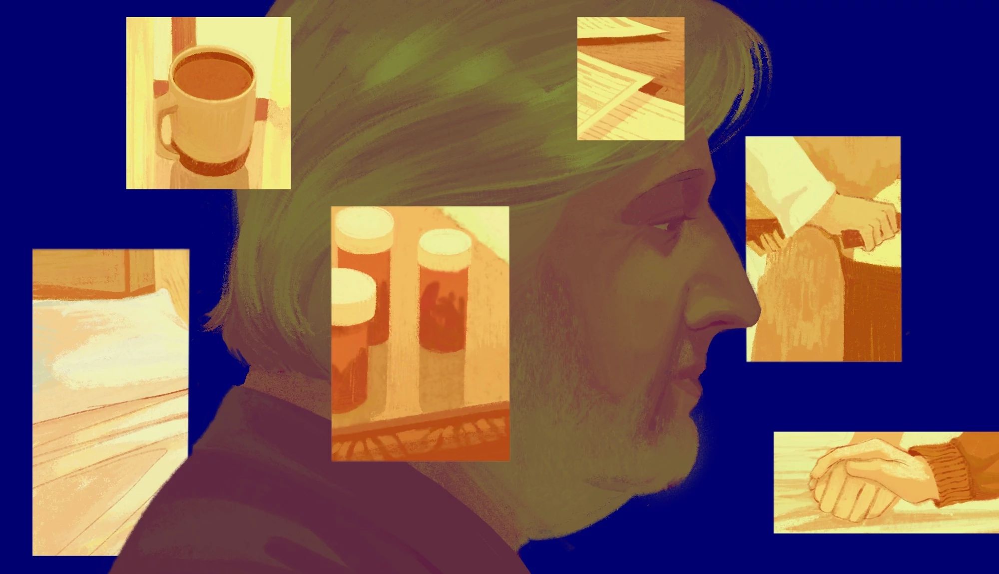 When Caregiving Shrinks Your World, Find a Perch an image of a person with different moments of a day around them