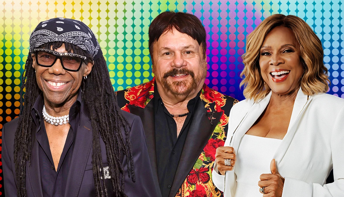 a collage with photos of disco artists nile rodgers, harry wayne casey and thelma houston