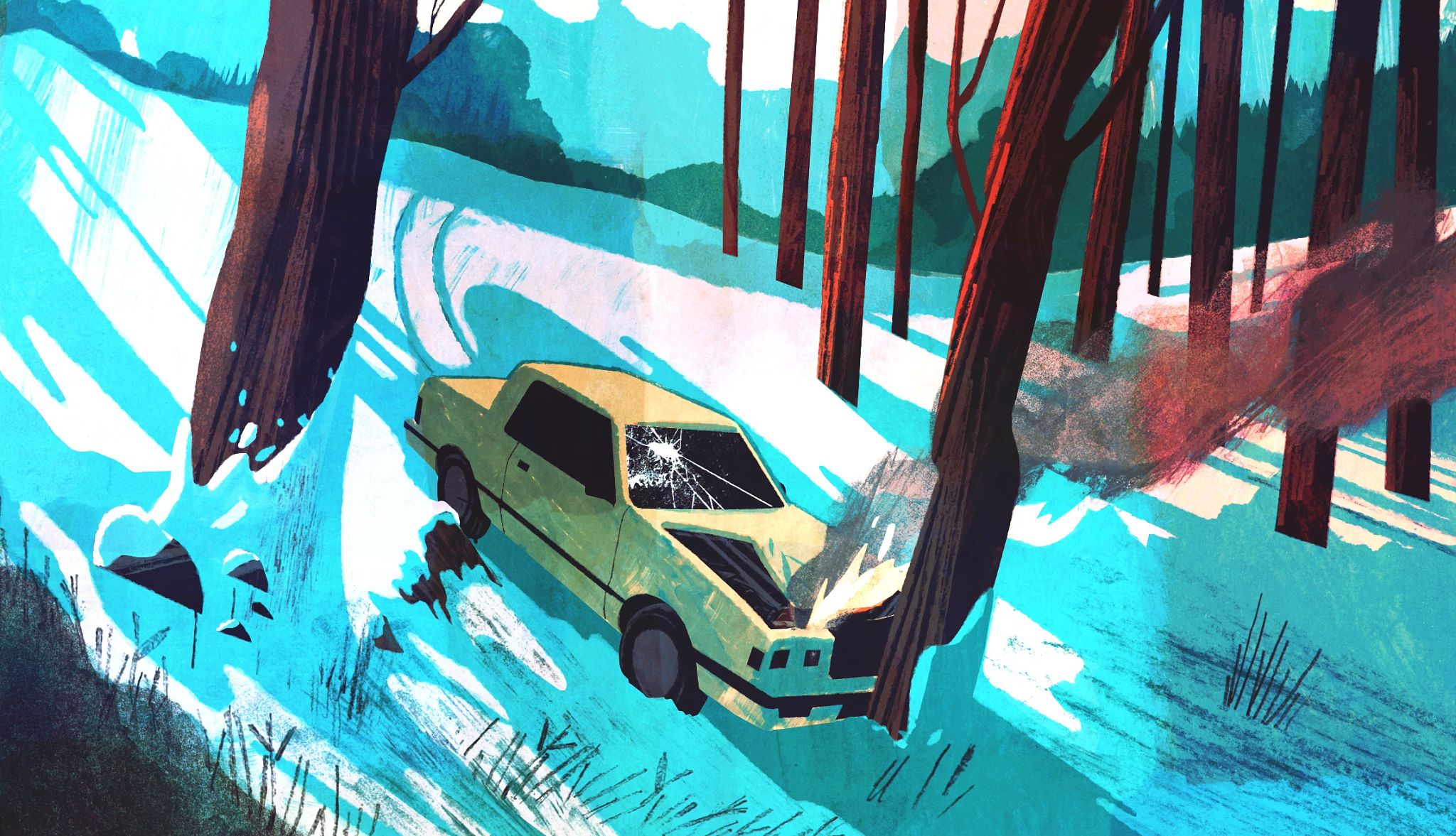 ‘The Longest Ride’ Chapters 1–3 illustration of an old chrysler is facing down on a steep, snowy embankment, its hood crumpled and smoking, and windshield cracked from impact with a tree